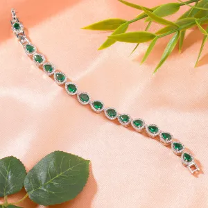 Estele Rhodium Plated CZ Classic Drop Designer Bracelet with Green Stones for Women