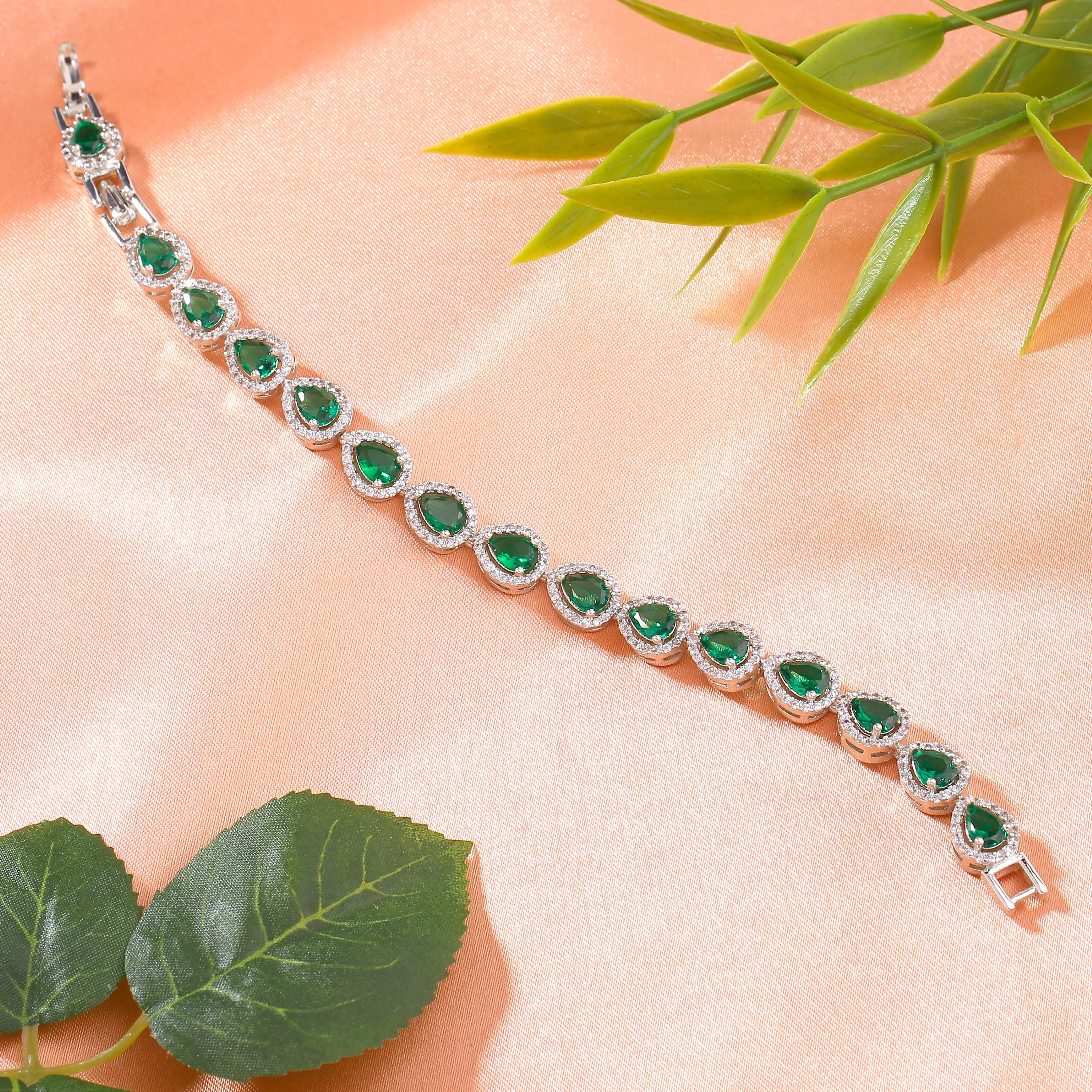 Estele Rhodium Plated CZ Classic Drop Designer Bracelet with Green Stones for Women