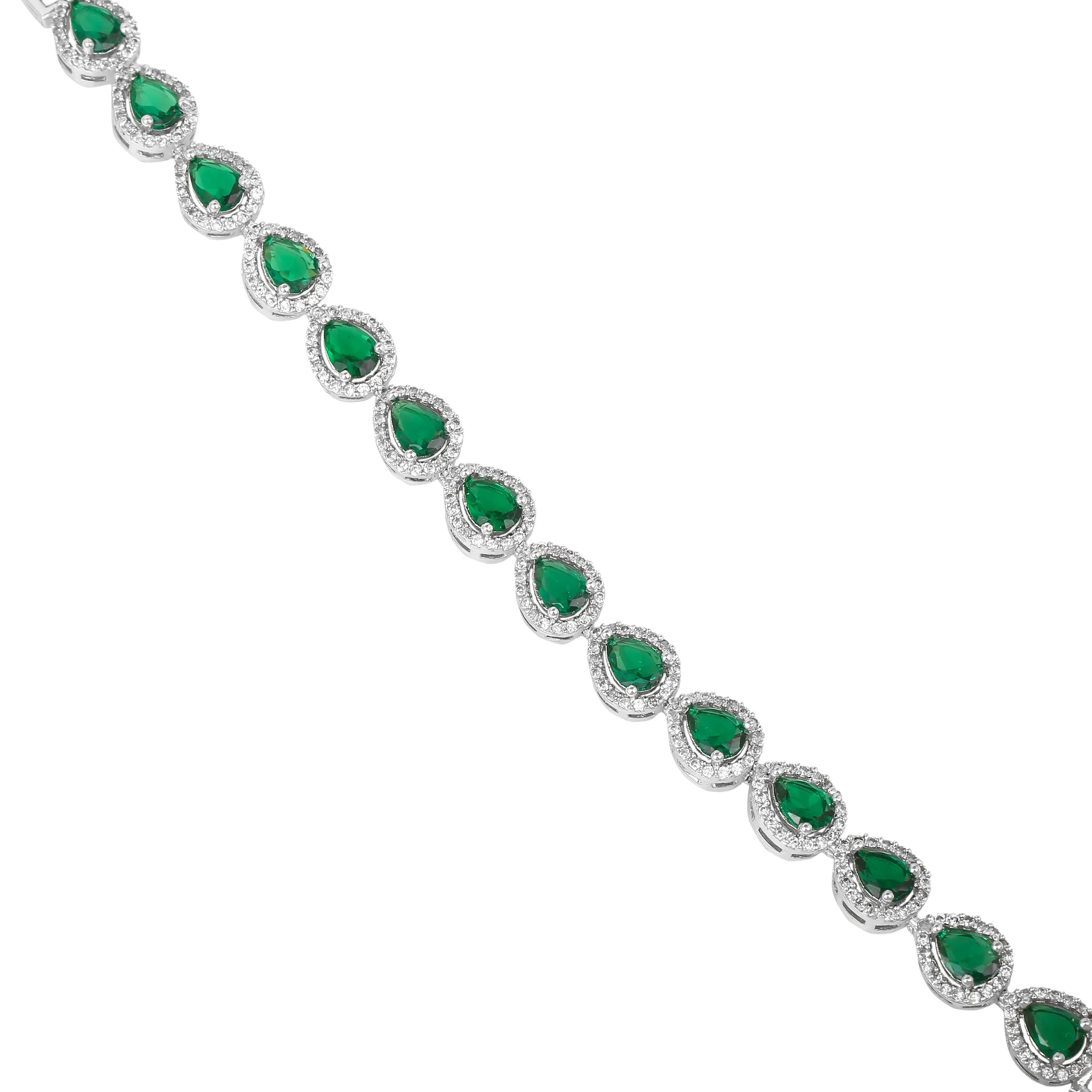 Estele Rhodium Plated CZ Classic Drop Designer Bracelet with Green Stones for Women