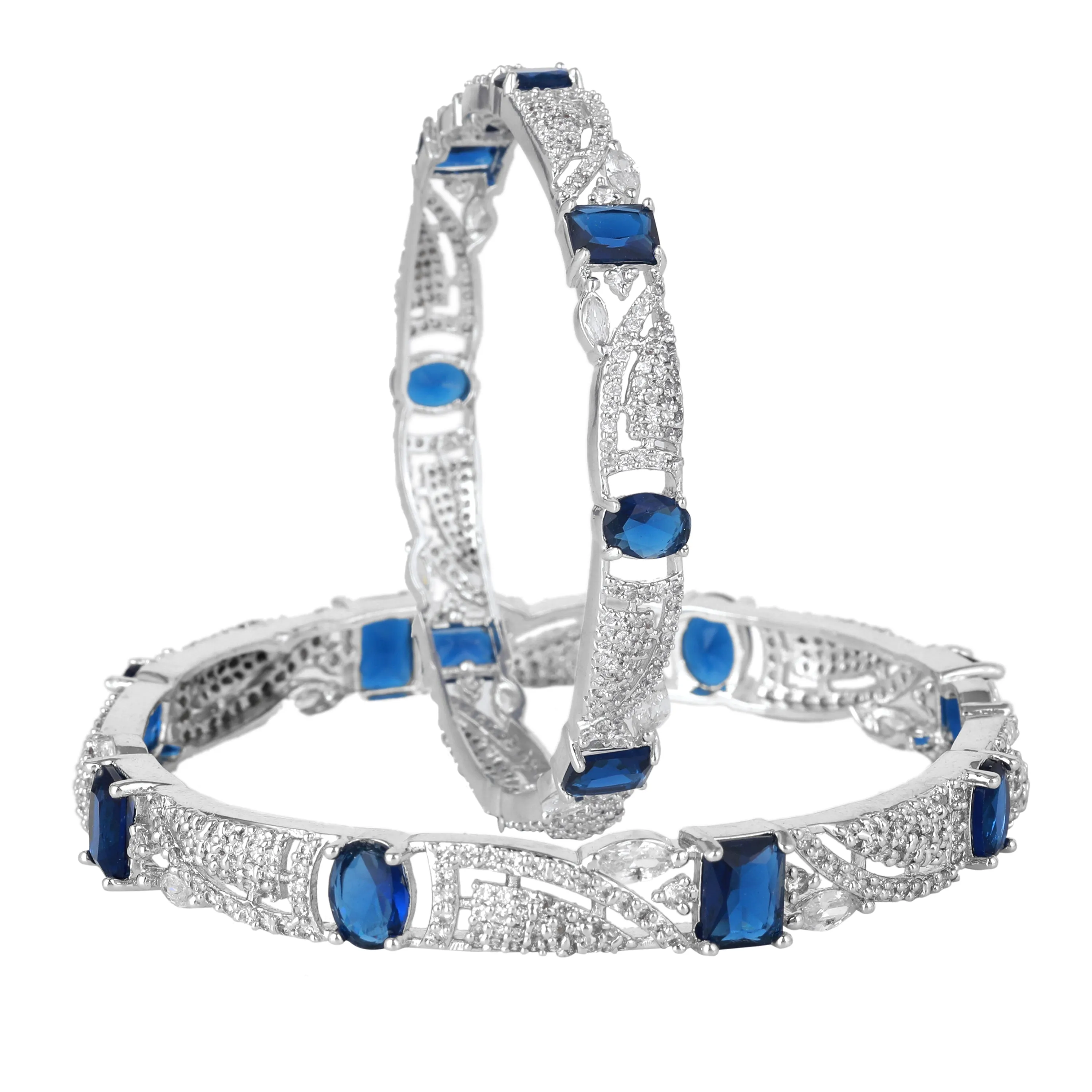 Estele Rhodium Plated Dazzling Blue American Diamond Bangles for Women| Available Sizes 2:4, 2:6, & 2:8|A Unique Statement of Style & Grace