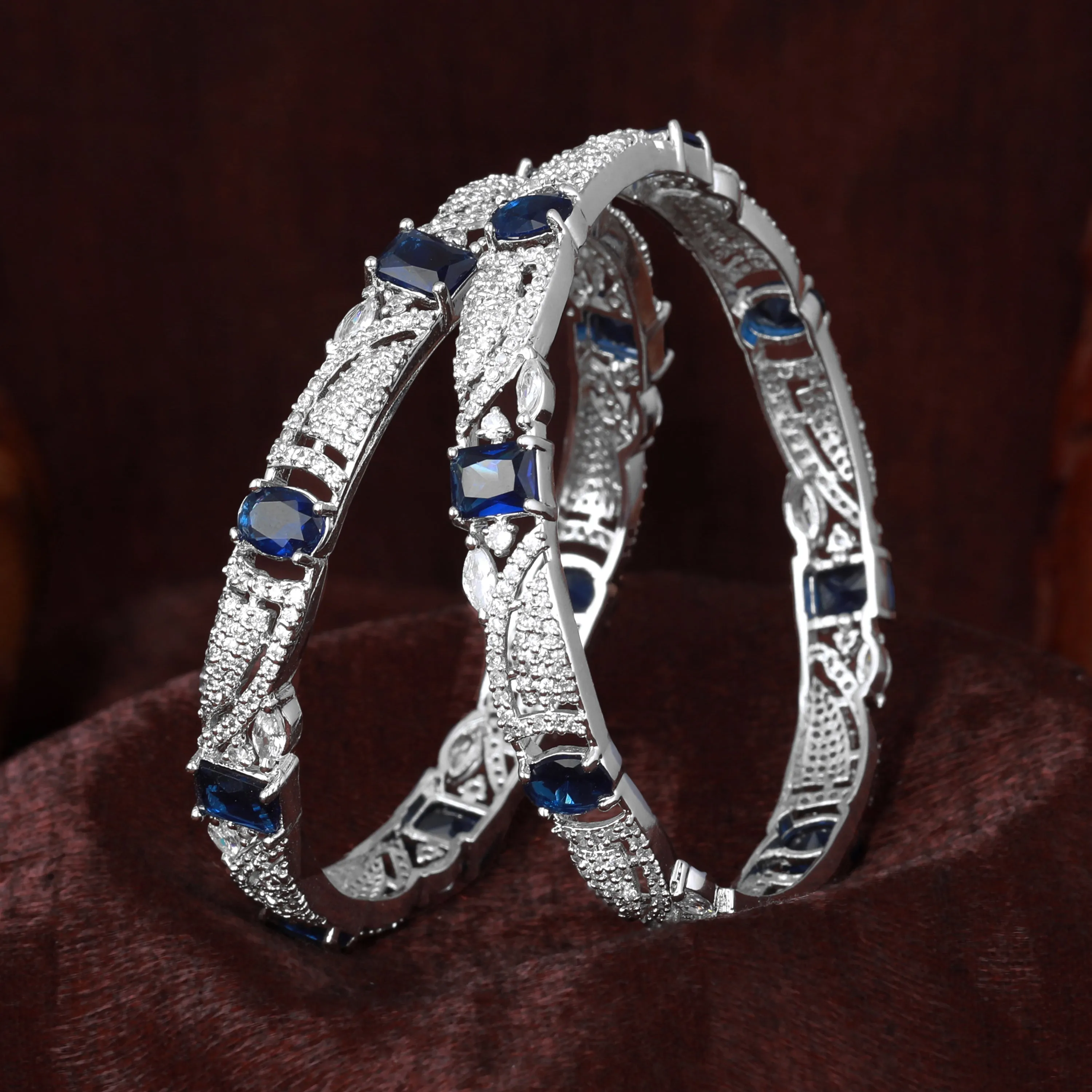 Estele Rhodium Plated Dazzling Blue American Diamond Bangles for Women| Available Sizes 2:4, 2:6, & 2:8|A Unique Statement of Style & Grace