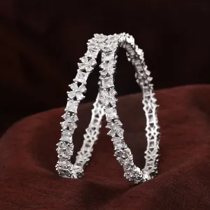 Estele Rhodium Plated Intricate Floral Designer 2:6 Size Bangles with White American Diamonds |A Blend of Tradition & Vibrance for Women