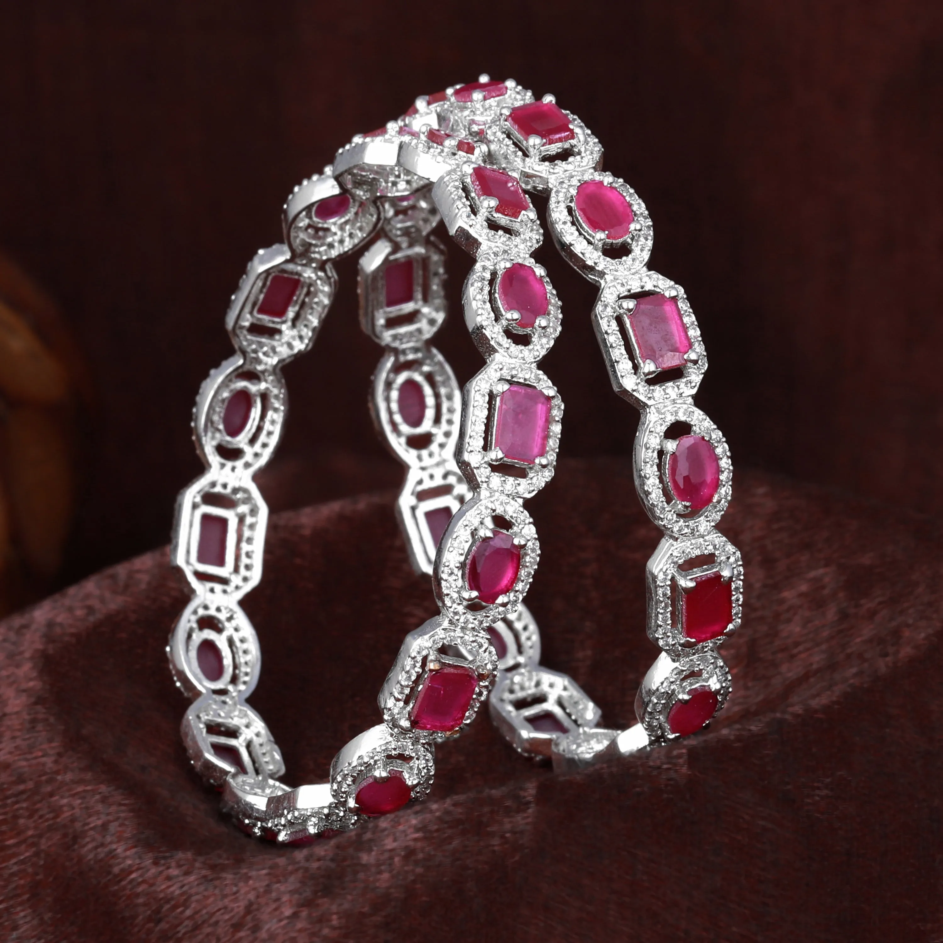 Estele Rhodium Plated Sparkling Ruby American Diamond Bangles|Available in 2:4, 2:6, & 2:8 Sizes| A Blend of Elegance & Grace for Women