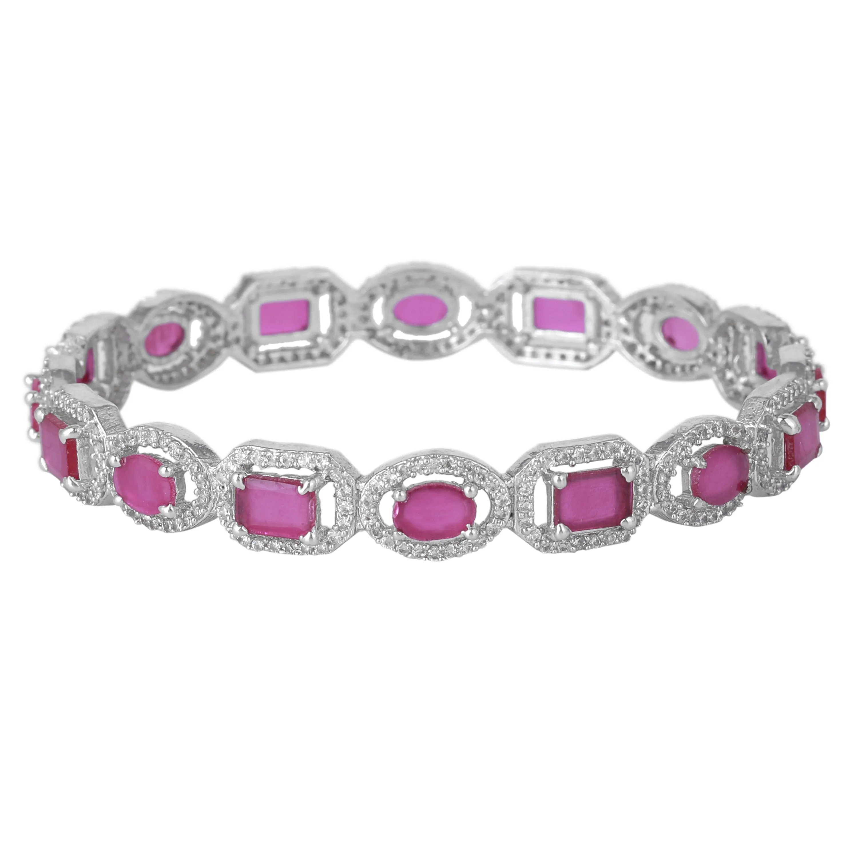 Estele Rhodium Plated Sparkling Ruby American Diamond Bangles|Available in 2:4, 2:6, & 2:8 Sizes| A Blend of Elegance & Grace for Women