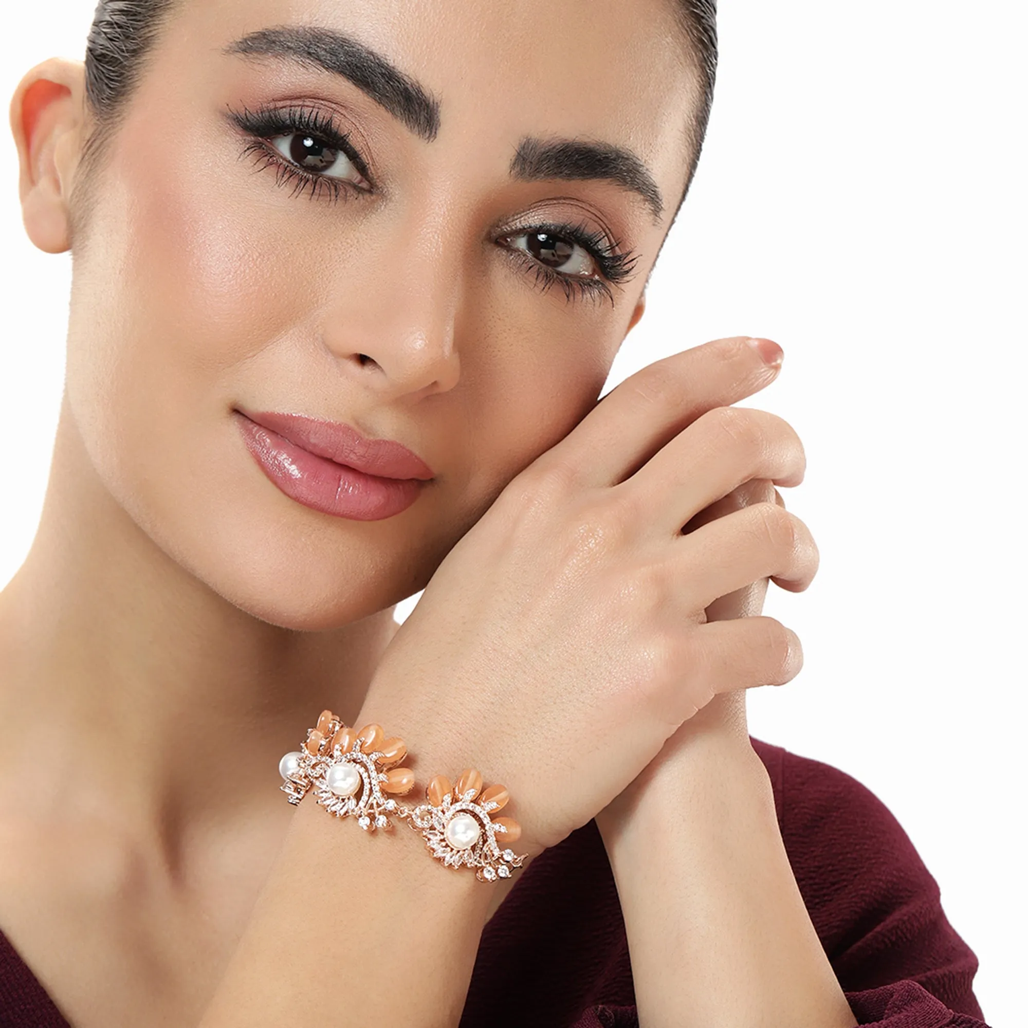 Estele Rosegold Plated Elegant Mint Orange Beads Adorned Flexible Varya Bracelet|A Minimalist Accessory for Women