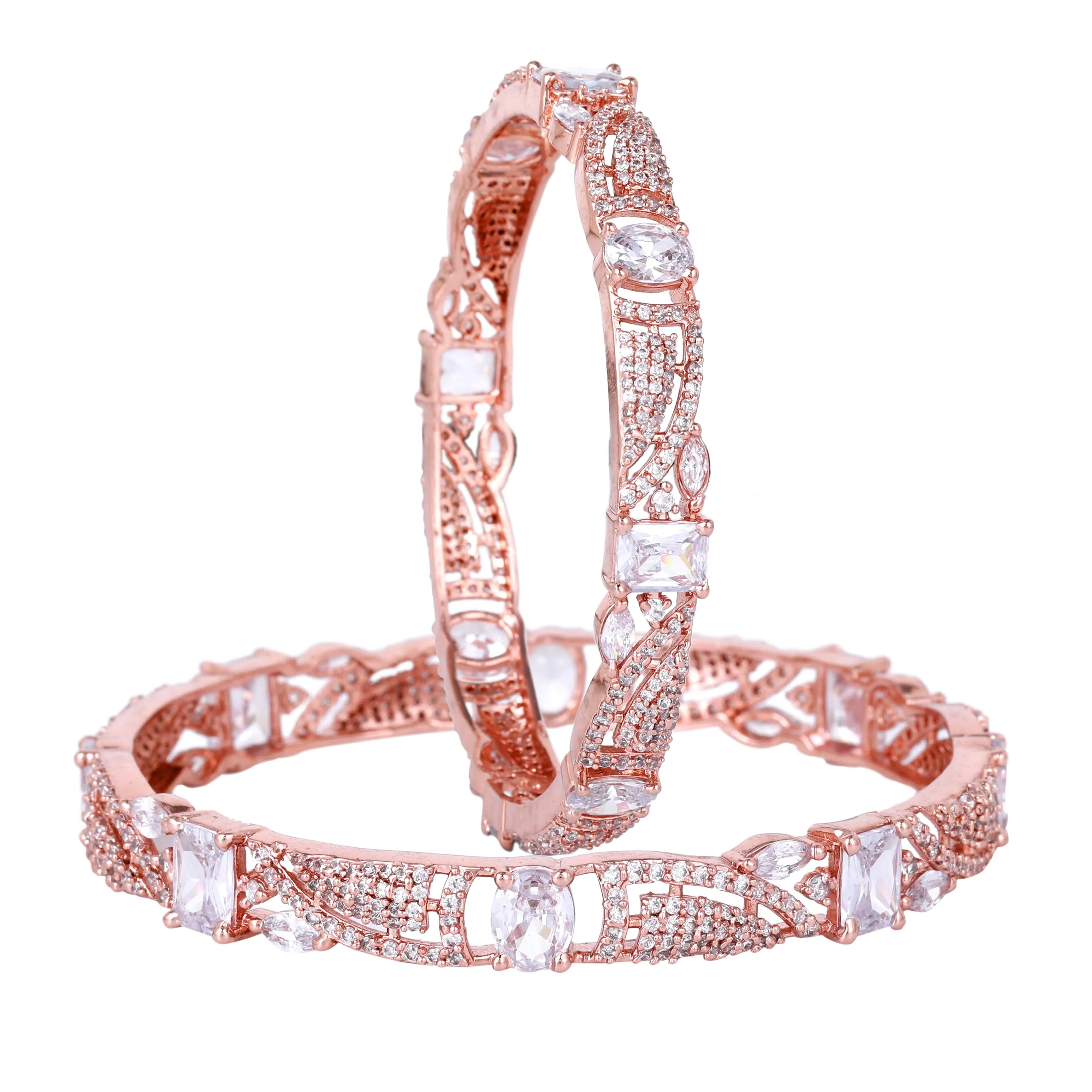 Estele Rosegold Plated Shimmering White American Diamond Bangles for Women| Available Sizes 2:4, 2:6, & 2:8|A Unique Statement of Style & Grace