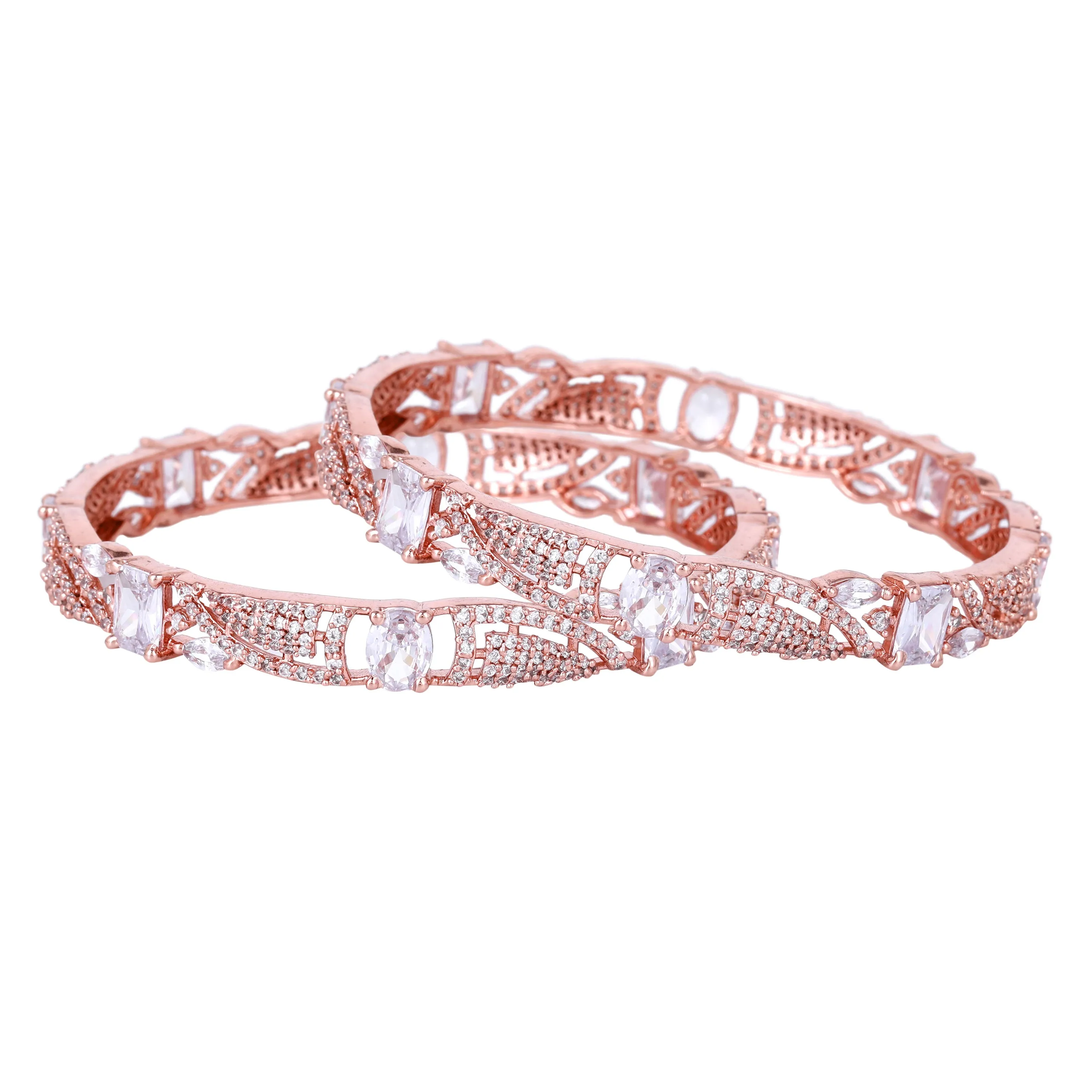 Estele Rosegold Plated Shimmering White American Diamond Bangles for Women| Available Sizes 2:4, 2:6, & 2:8|A Unique Statement of Style & Grace