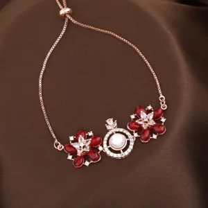 Estele Rosegold Plated Stunning Ruby Beads Enhanced Floral Designer Lightweight Adjustable Varya Bracelet for Women