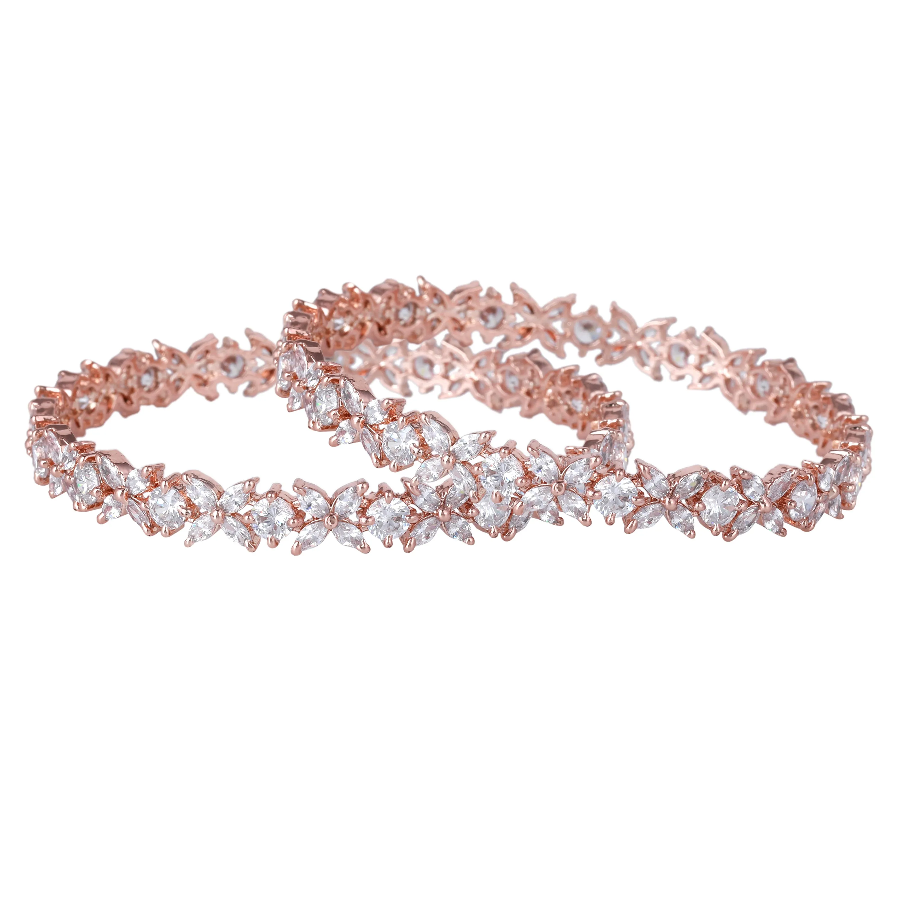 Estele Rosegold Plated White American Diamond Elegant Floral Bangles | Available in 2:4, 2:6, & 2:8 Sizes | Perfect Fit & Timeless Elegance for Women