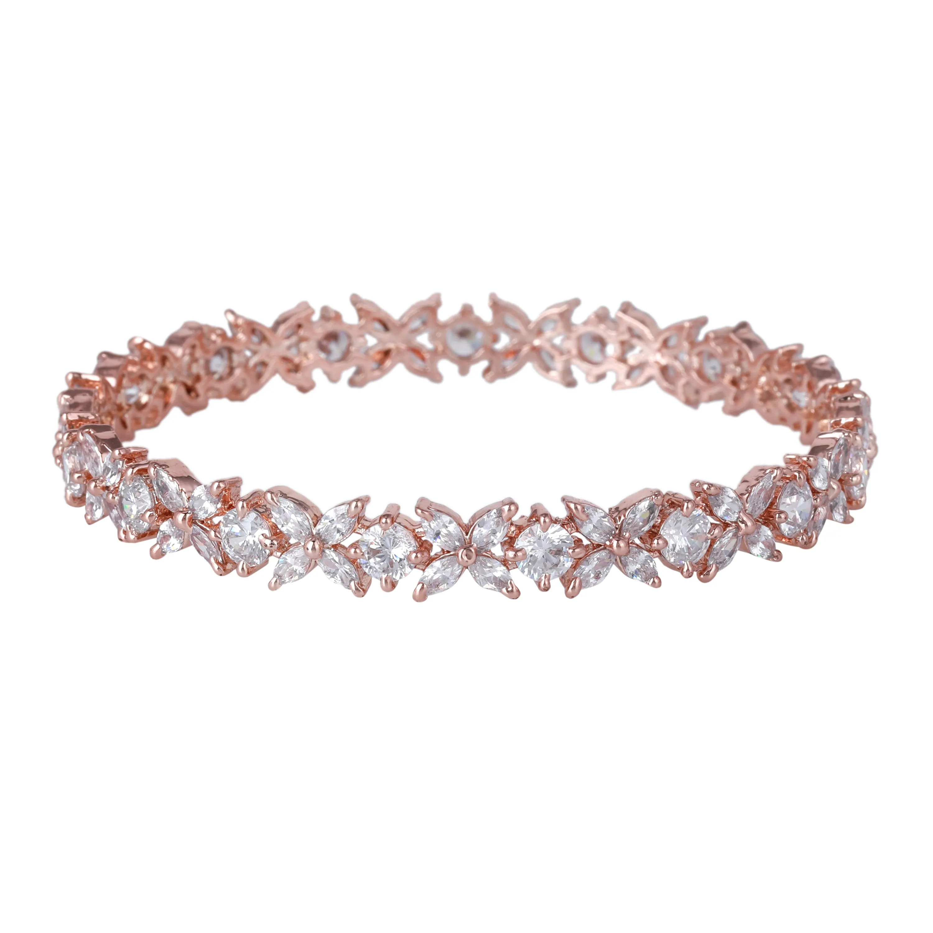 Estele Rosegold Plated White American Diamond Elegant Floral Bangles | Available in 2:4, 2:6, & 2:8 Sizes | Perfect Fit & Timeless Elegance for Women