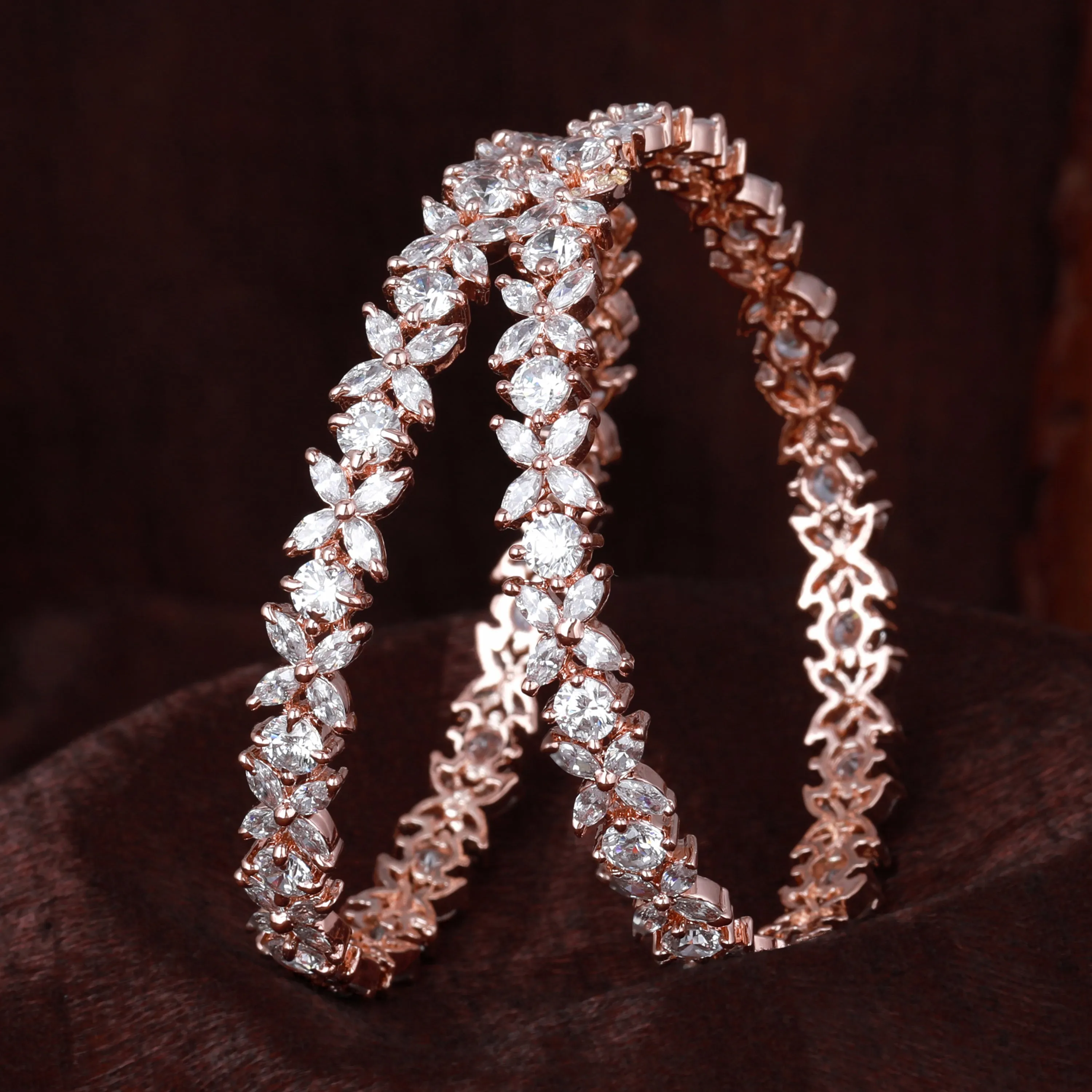 Estele Rosegold Plated White American Diamond Elegant Floral Bangles | Available in 2:4, 2:6, & 2:8 Sizes | Perfect Fit & Timeless Elegance for Women