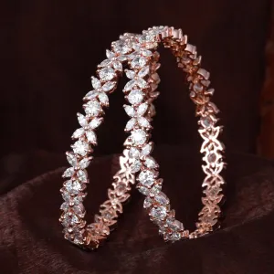 Estele Rosegold Plated White American Diamond Elegant Floral Bangles | Available in 2:4, 2:6, & 2:8 Sizes | Perfect Fit & Timeless Elegance for Women