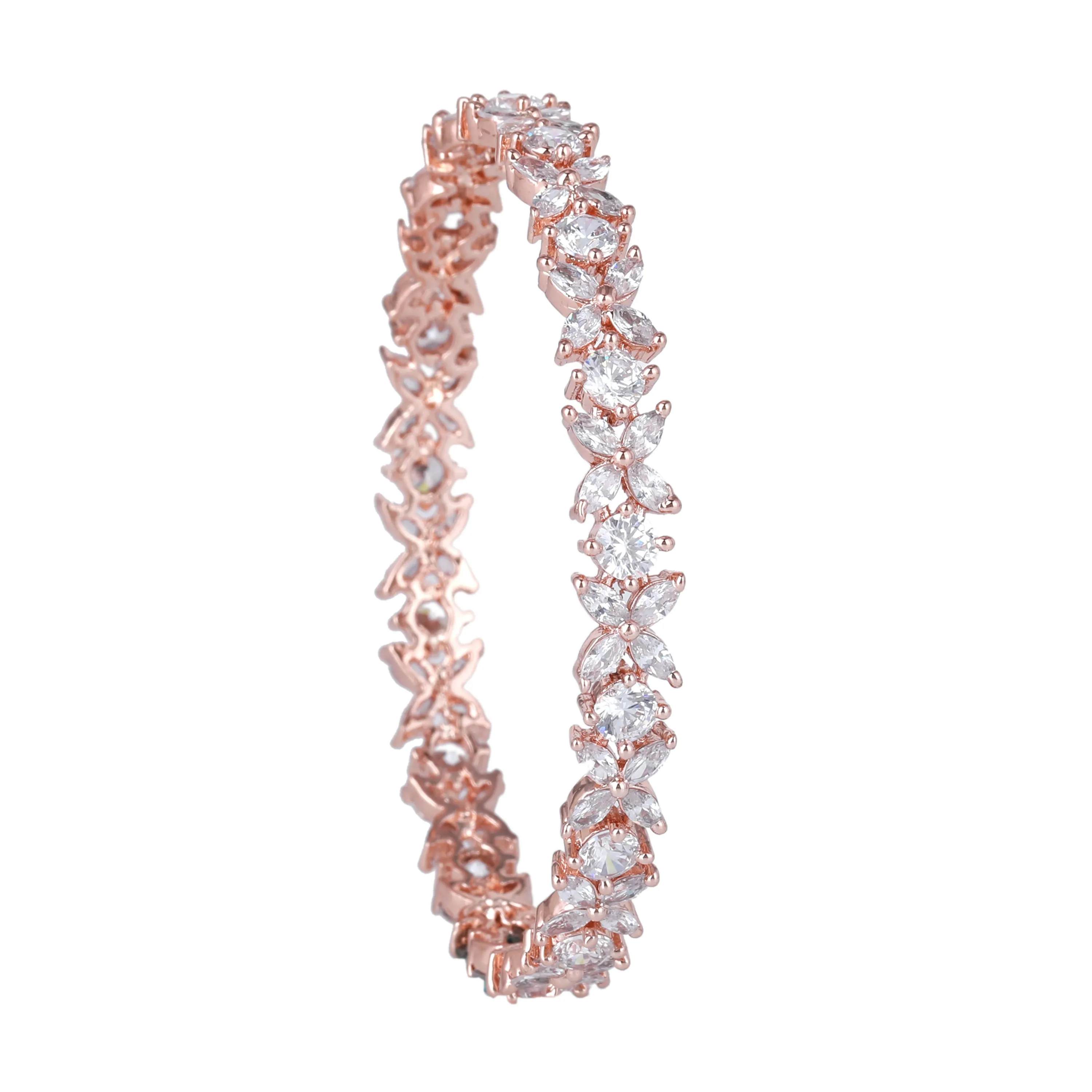Estele Rosegold Plated White American Diamond Elegant Floral Bangles | Available in 2:4, 2:6, & 2:8 Sizes | Perfect Fit & Timeless Elegance for Women