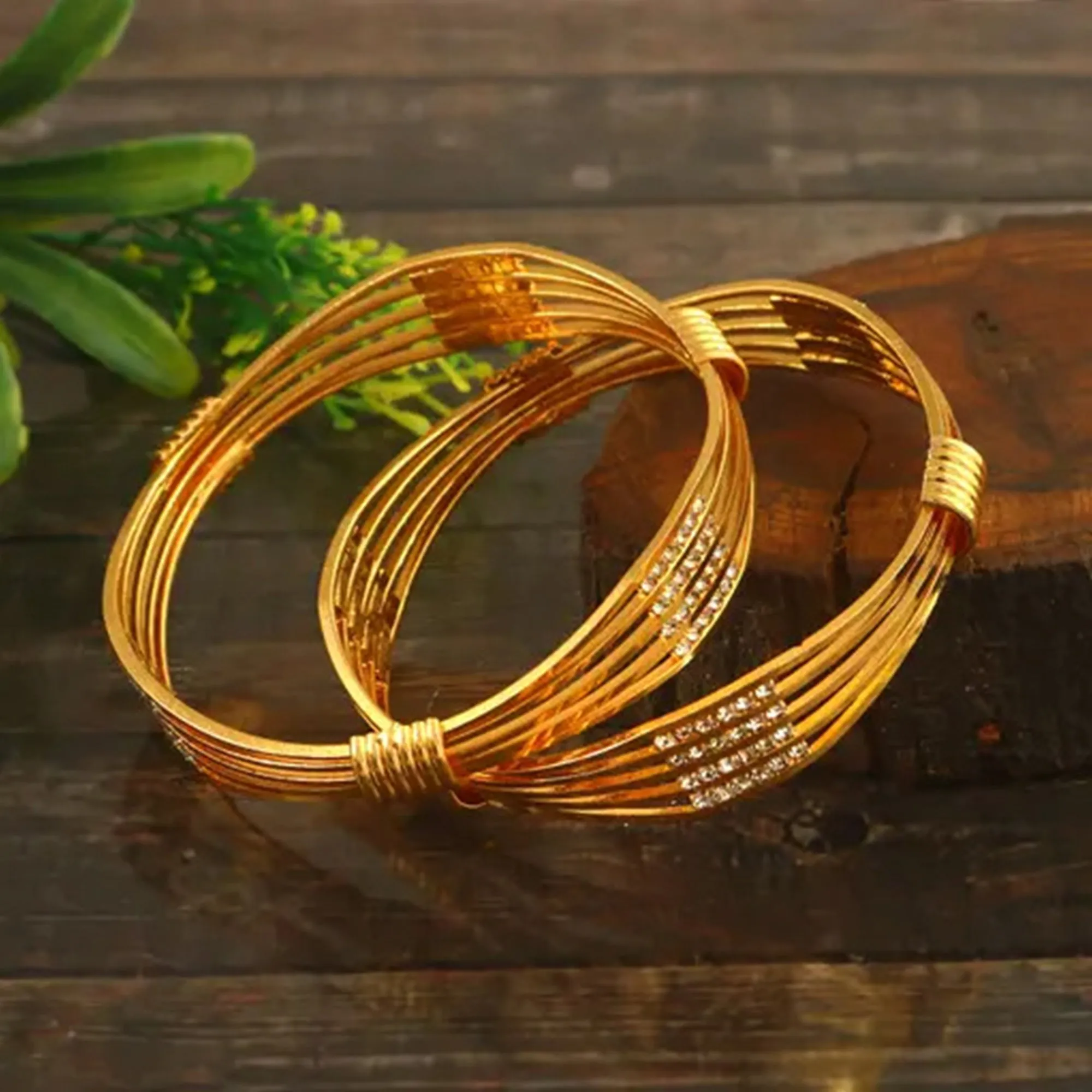 Estele Stylish Gold Plated Bangles ?C Size 2.6 ?C Multi-Layer Wire Design with CZ Stones ?C Elegant Jewelry for Women ?C OSBR-VK11434-26 BANGLE