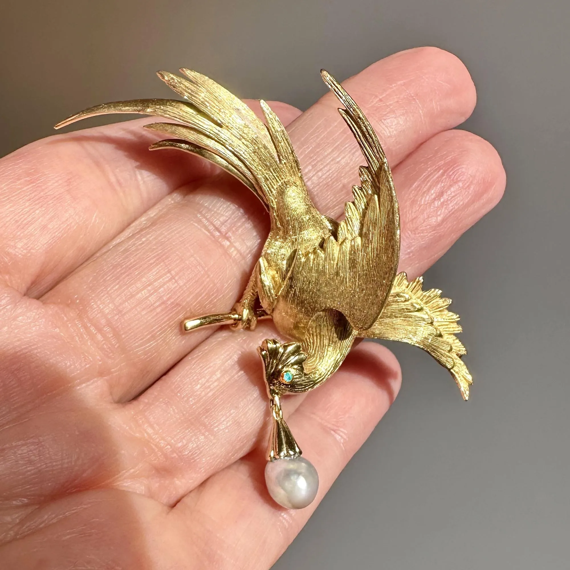 Exquisite French 18K Gold Bird of Paradise Brooch, Opal & Pearl