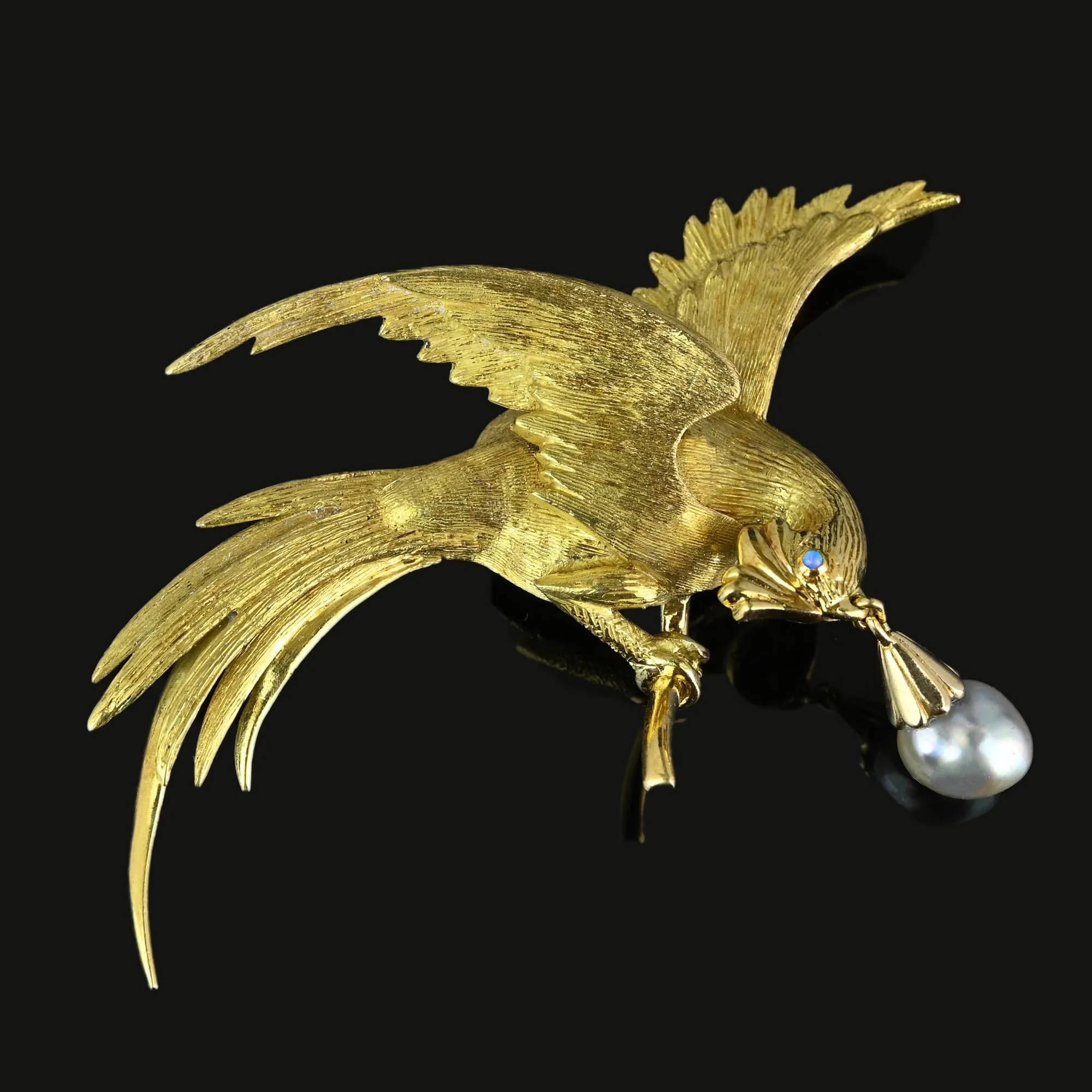 Exquisite French 18K Gold Bird of Paradise Brooch, Opal & Pearl