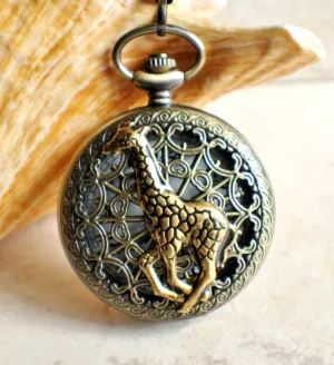 Giraffe battery operated pocket watch in bronze.