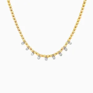 Gold Beaded Chain Necklace with White Gold Diamond Bezel Drops