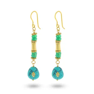 Gold earrings 18k yellow gold assembled with green onyx, turquoise and zirconium oxide