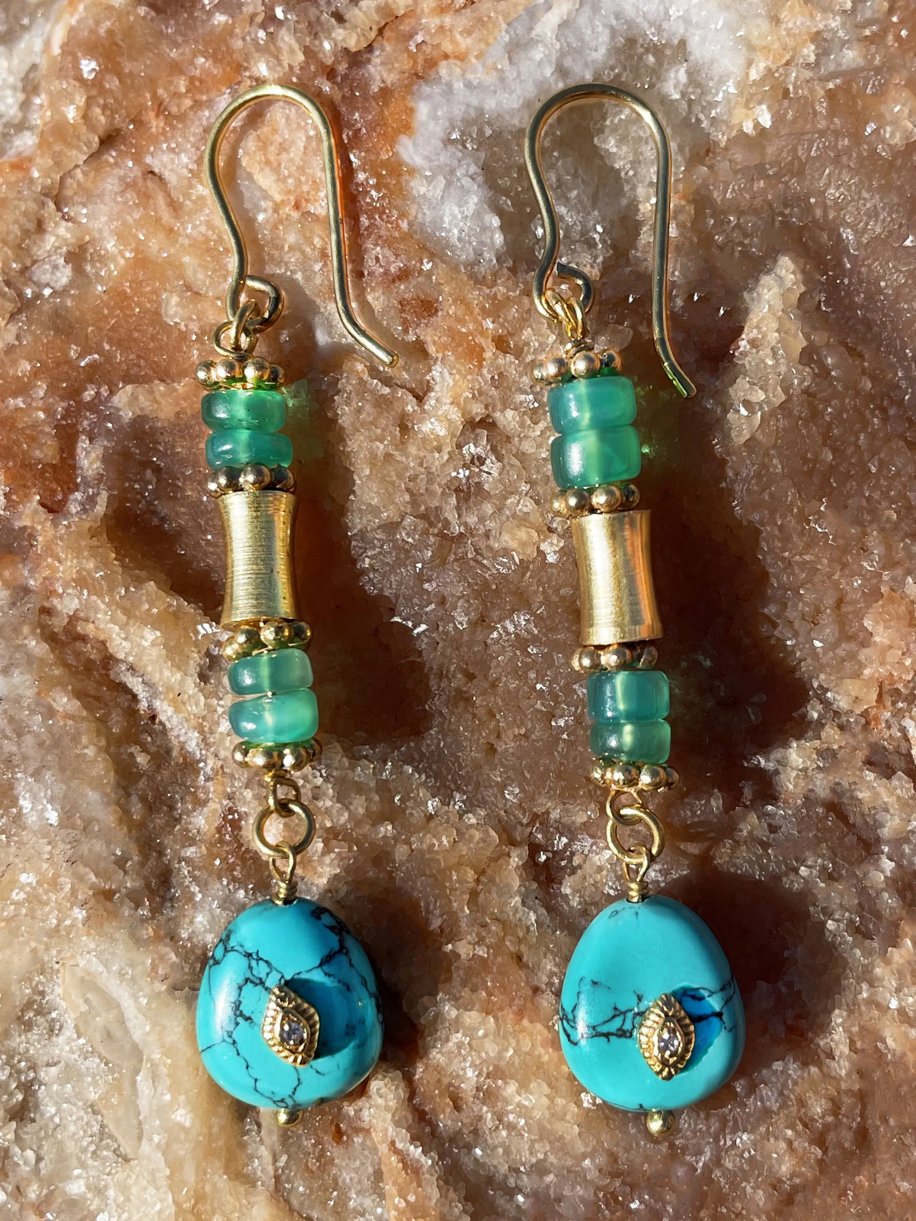 Gold earrings 18k yellow gold assembled with green onyx, turquoise and zirconium oxide
