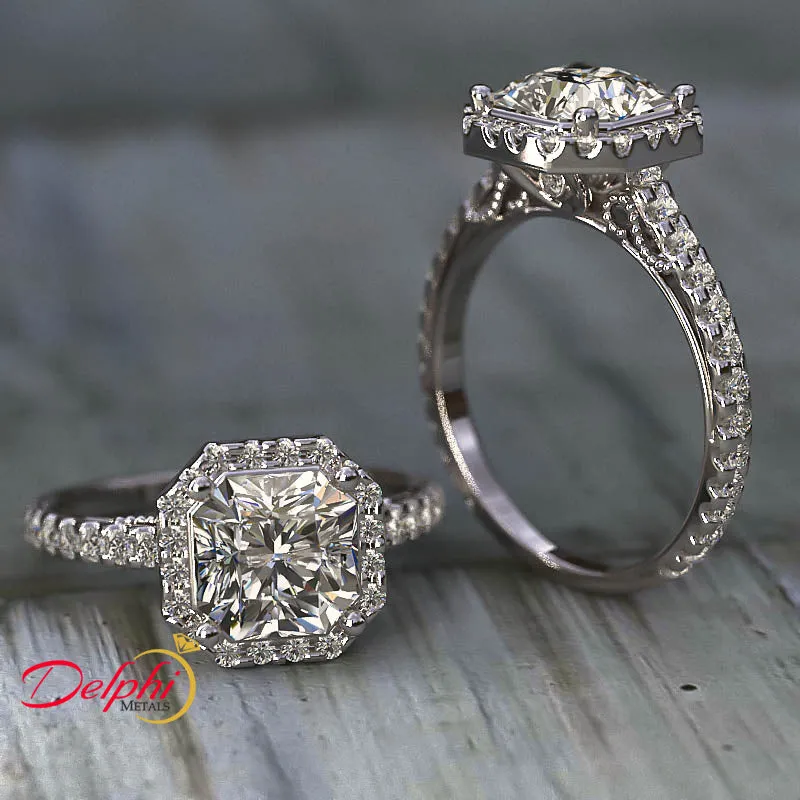 Gold Pave Halo and Shank 2.74 Carat Diamond Engagement Ring (Radiant Centre) - 02US61