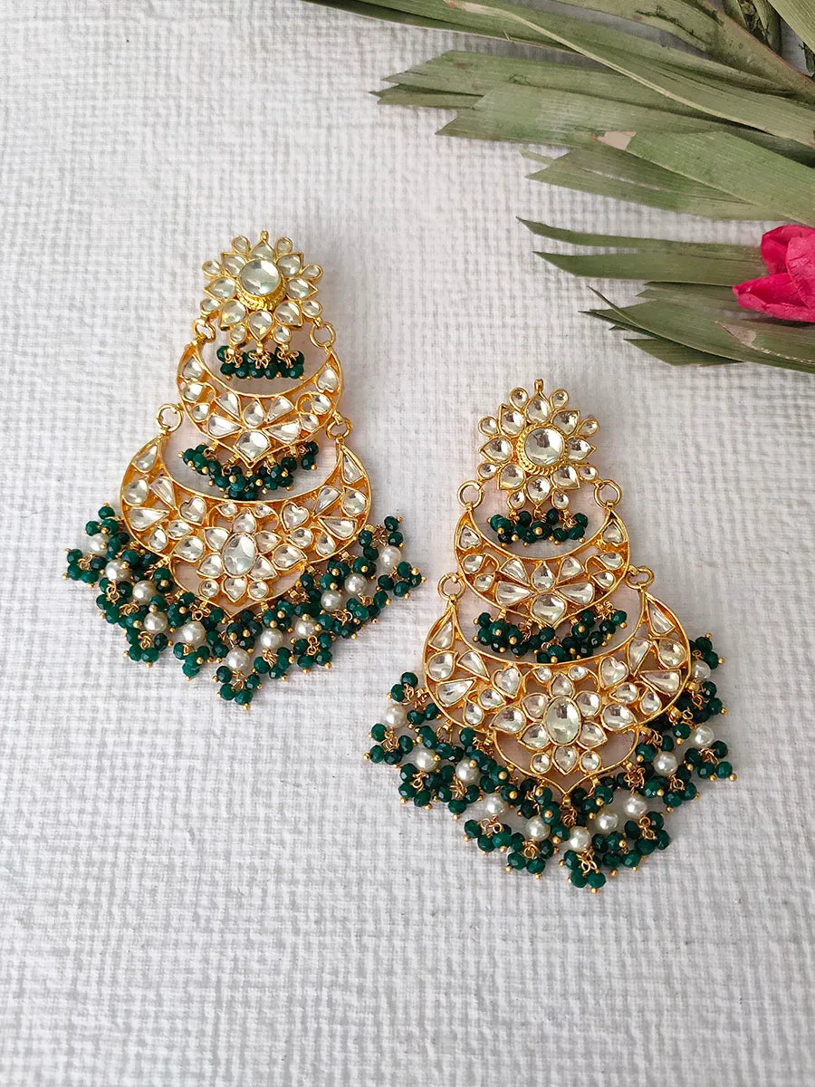 Green Color Gold Plated Jadau Kundan Earrings - ME778Y
