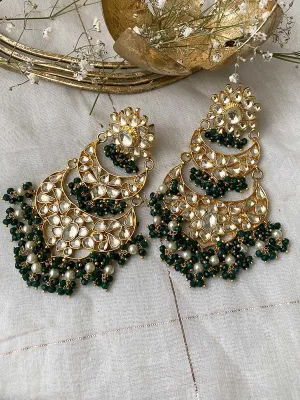 Green Color Gold Plated Jadau Kundan Earrings - ME778Y