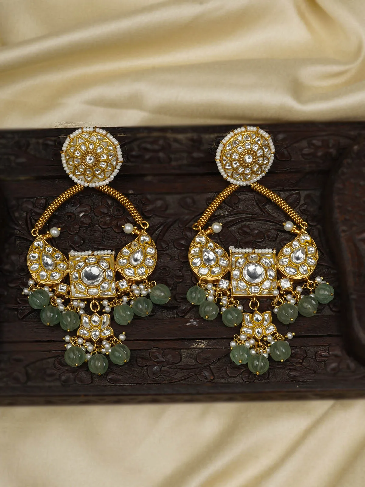Green Color Gold Plated Thappa Jadau Kundan Earrings - TJ-E94