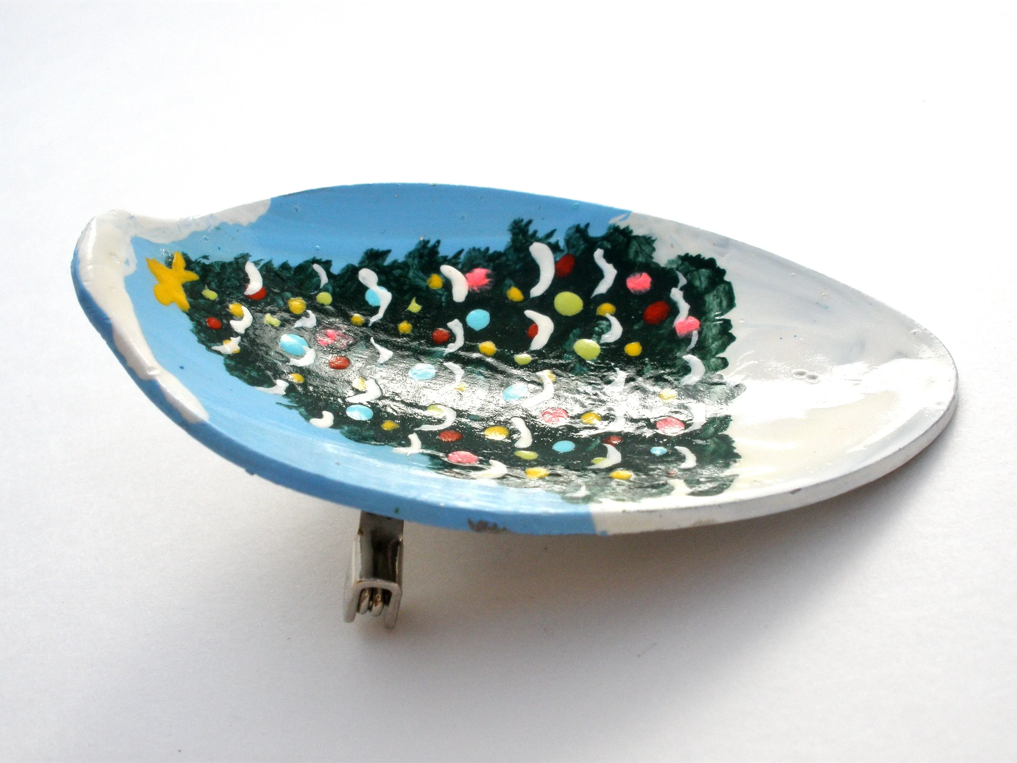 Hand Painted Christmas Tree Spoon Brooch