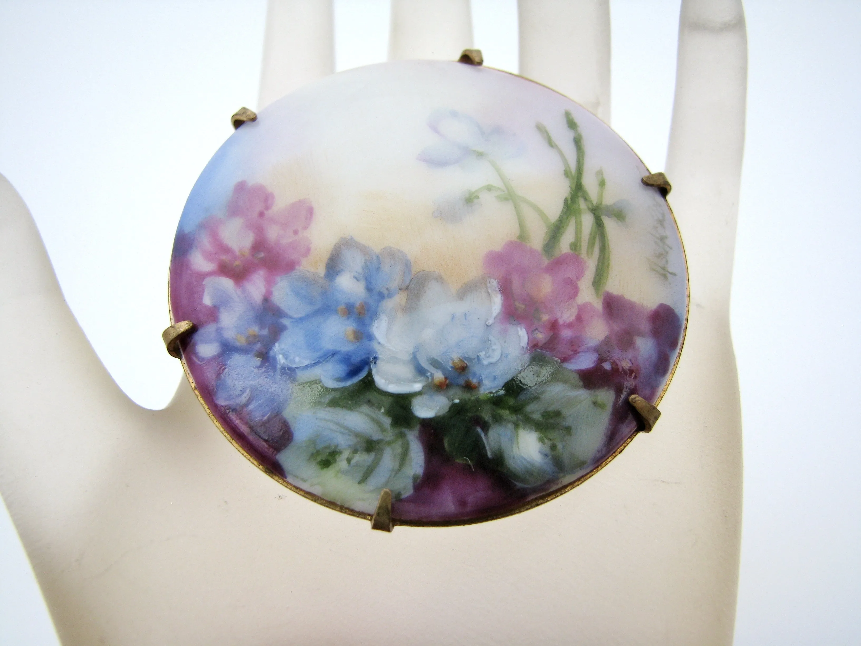 Hand Painted Porcelain Flower Brooch Vintage