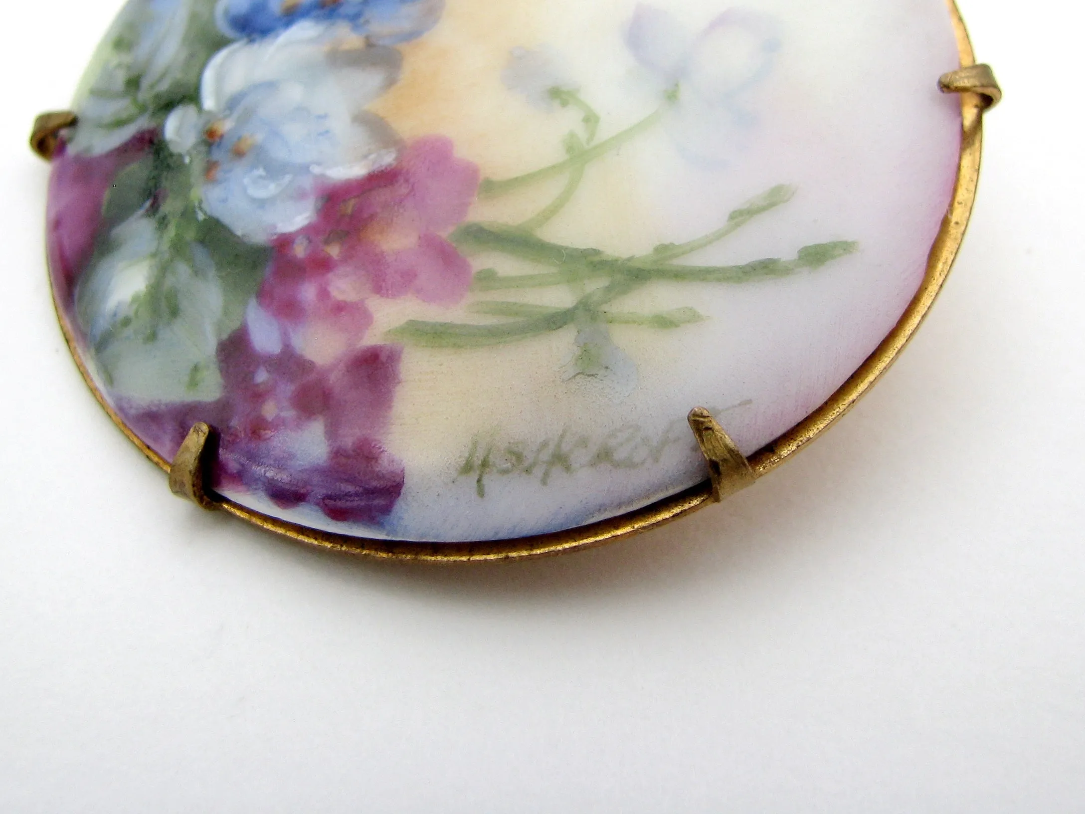 Hand Painted Porcelain Flower Brooch Vintage