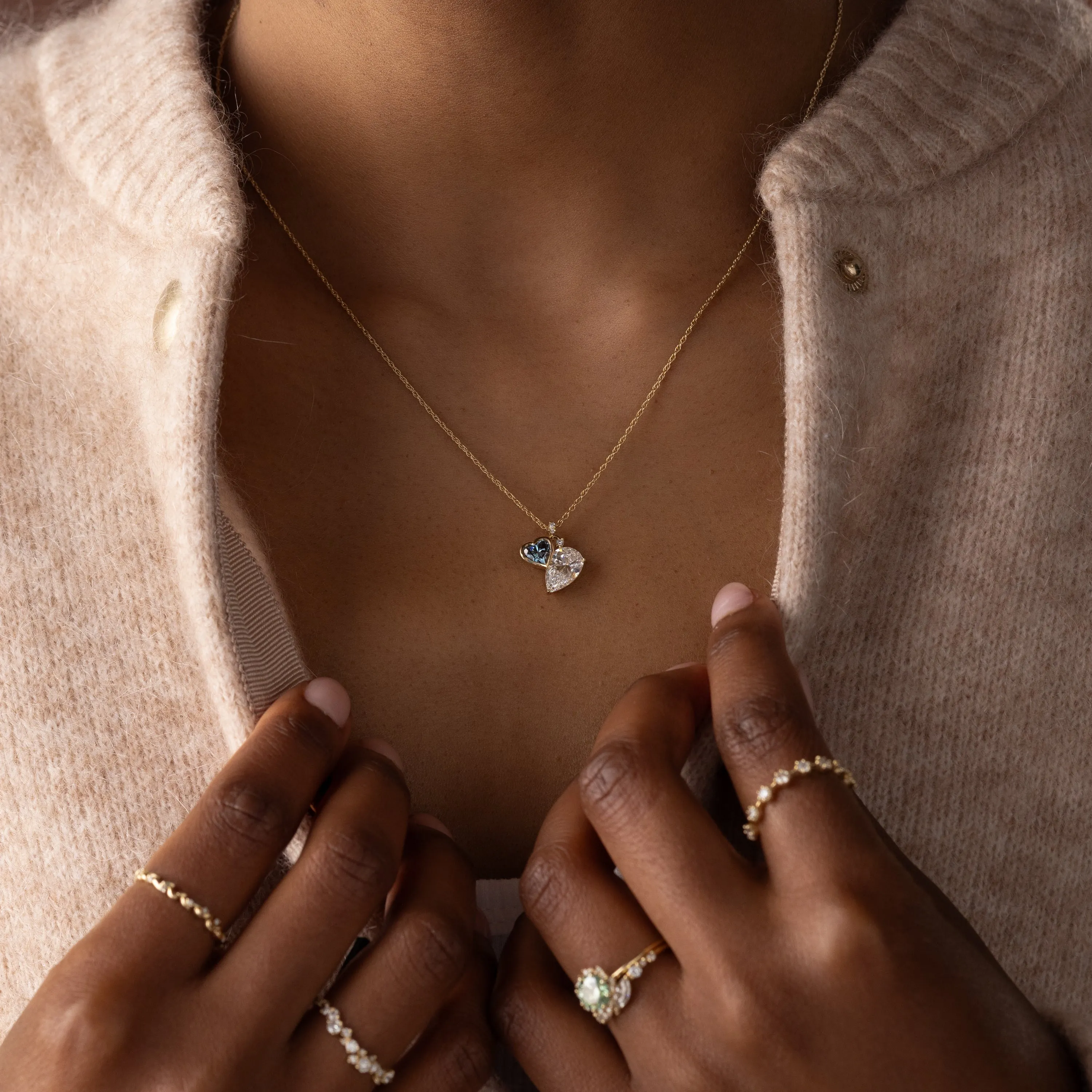 Heart to Heart Necklace, Blue-Green Diamond - In Stock