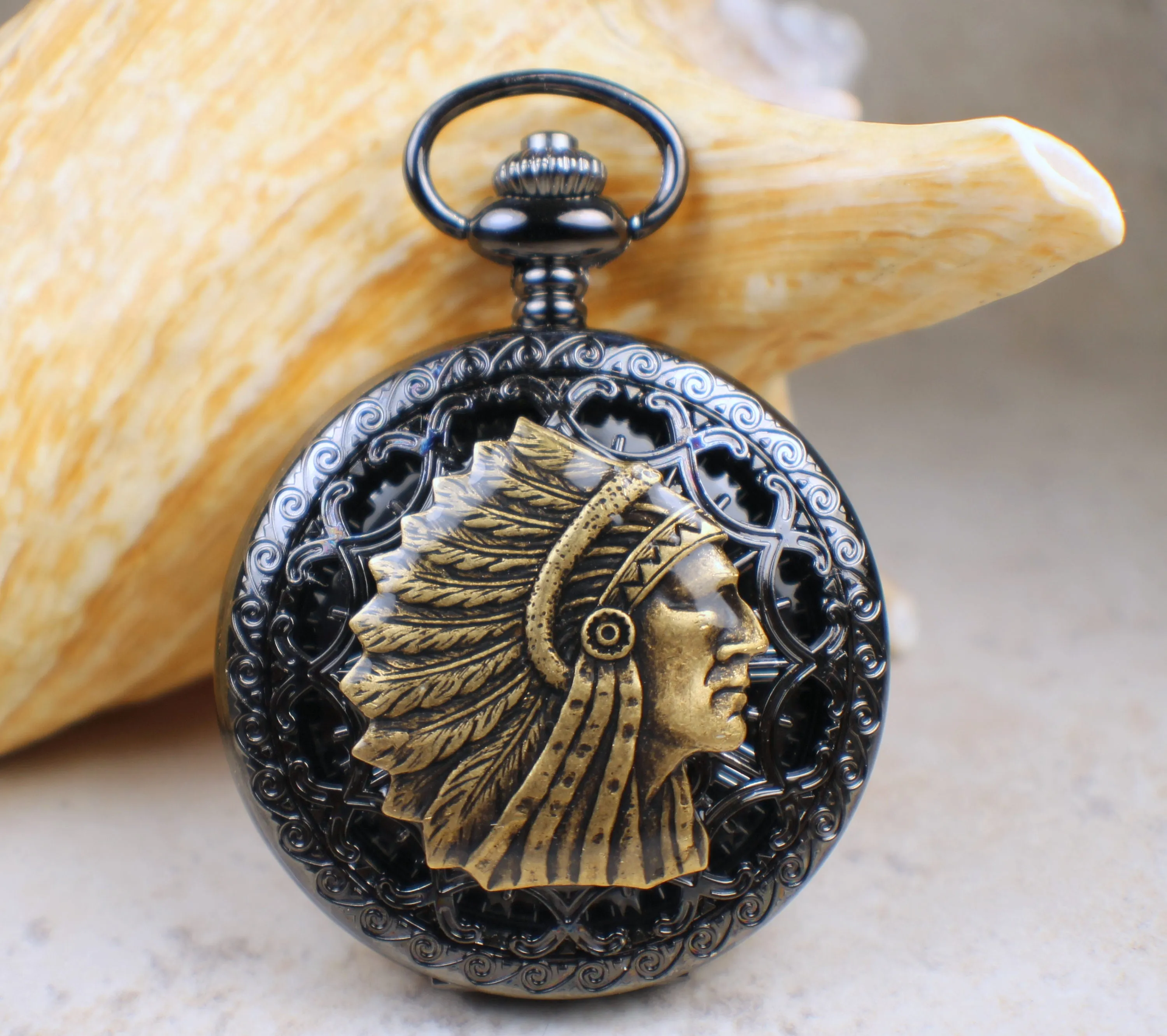 Indian Chief Black Pocket Watch