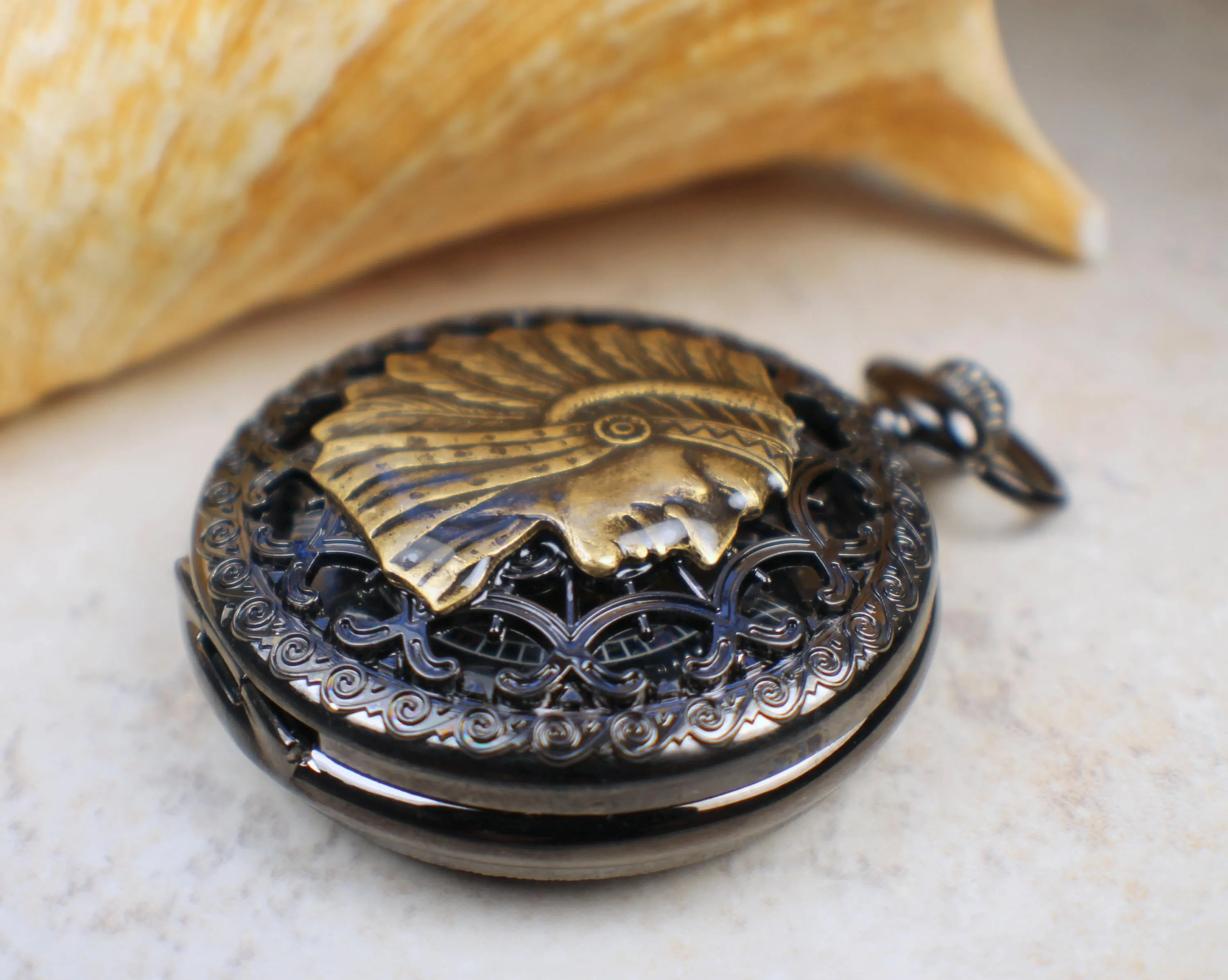 Indian Chief Black Pocket Watch