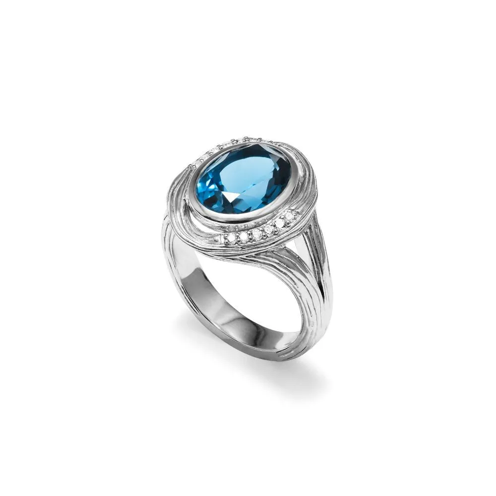Judith Ripka Santorini Sterling Silver Oval Blue Topaz and Diamond Ring