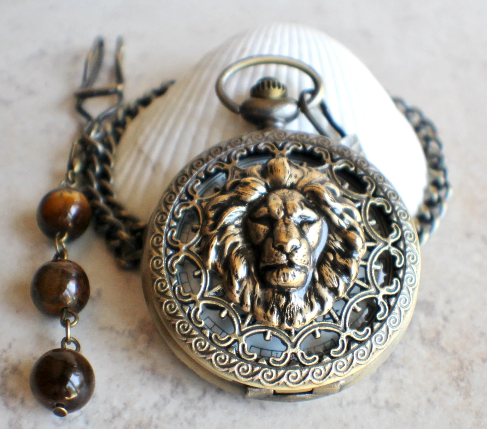 Lion Battery Operated Pocket Watch in Bronze
