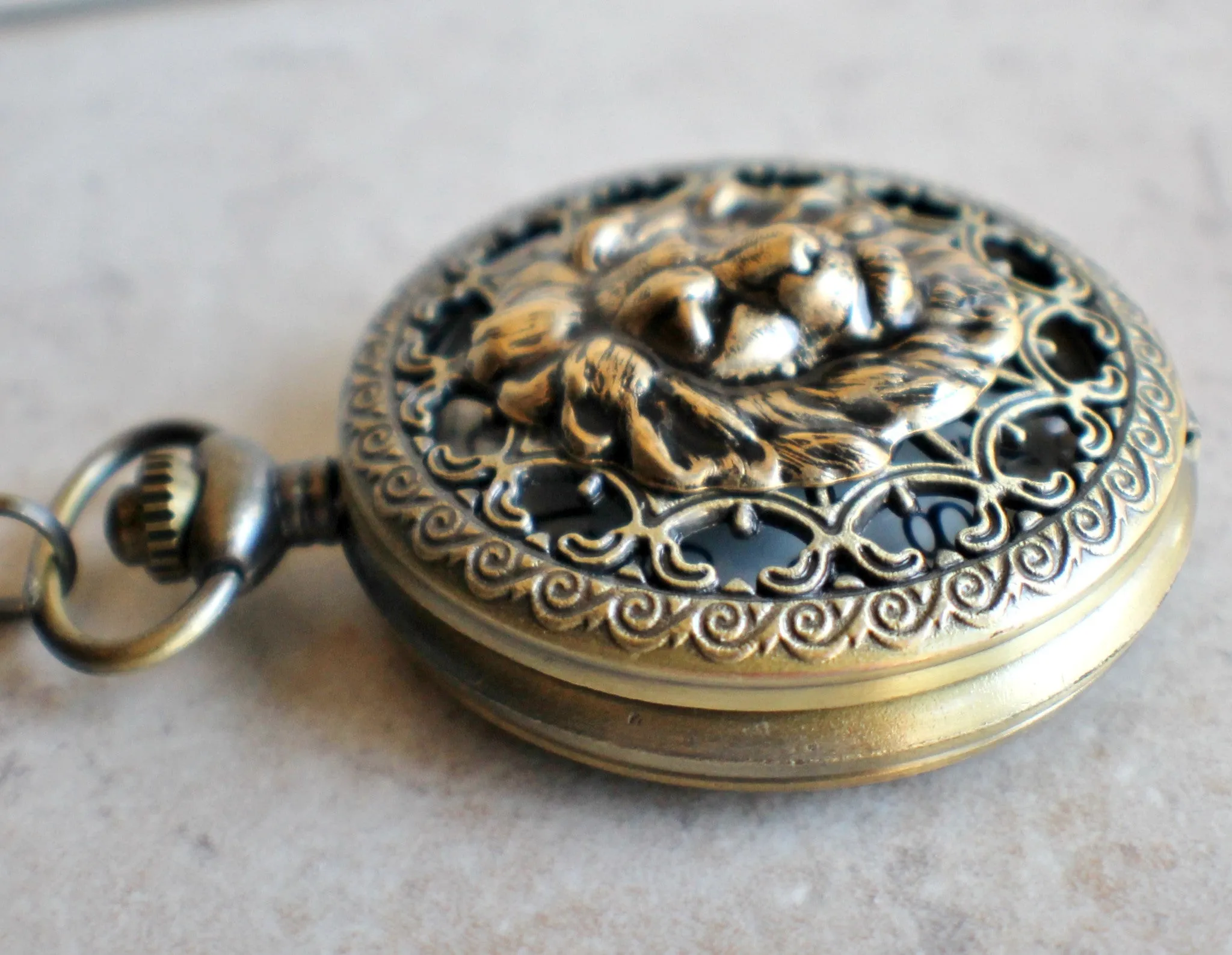 Lion Battery Operated Pocket Watch in Bronze