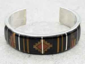 Mary Morgan Vintage Navajo Tigers Eye Onyx and Jasper Inlay Sterling Silver Bracelet