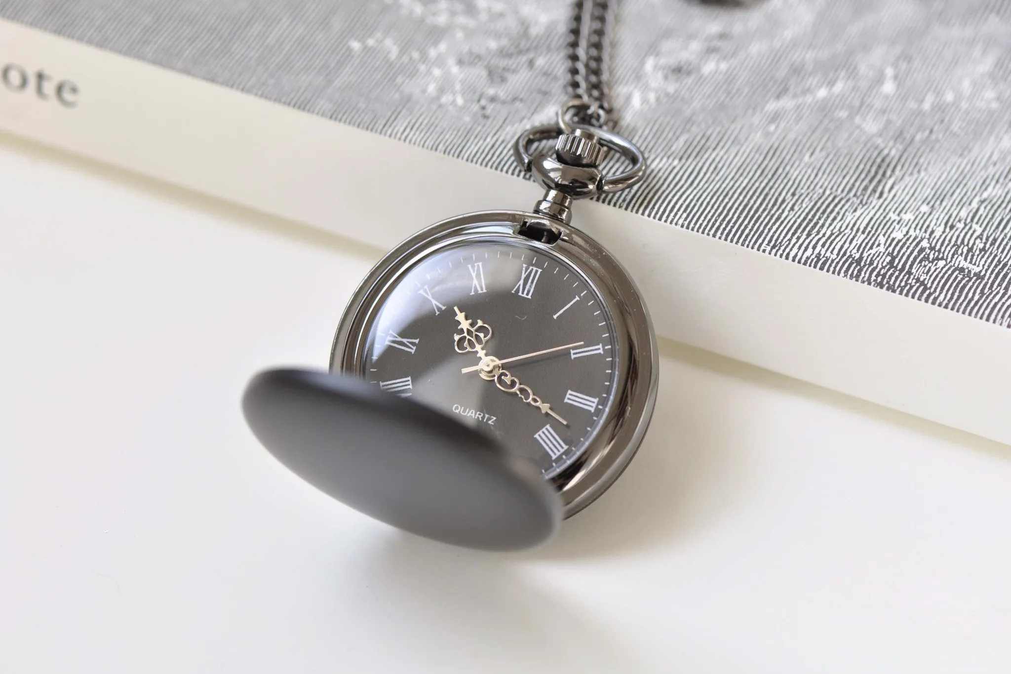 Matte Black Round Pocket Watch Necklace A8384