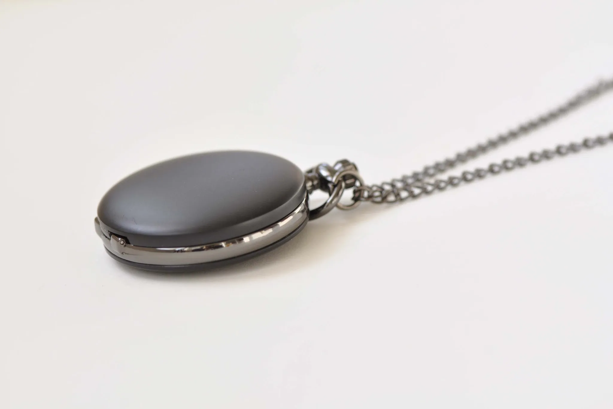 Matte Black Round Pocket Watch Necklace A8384