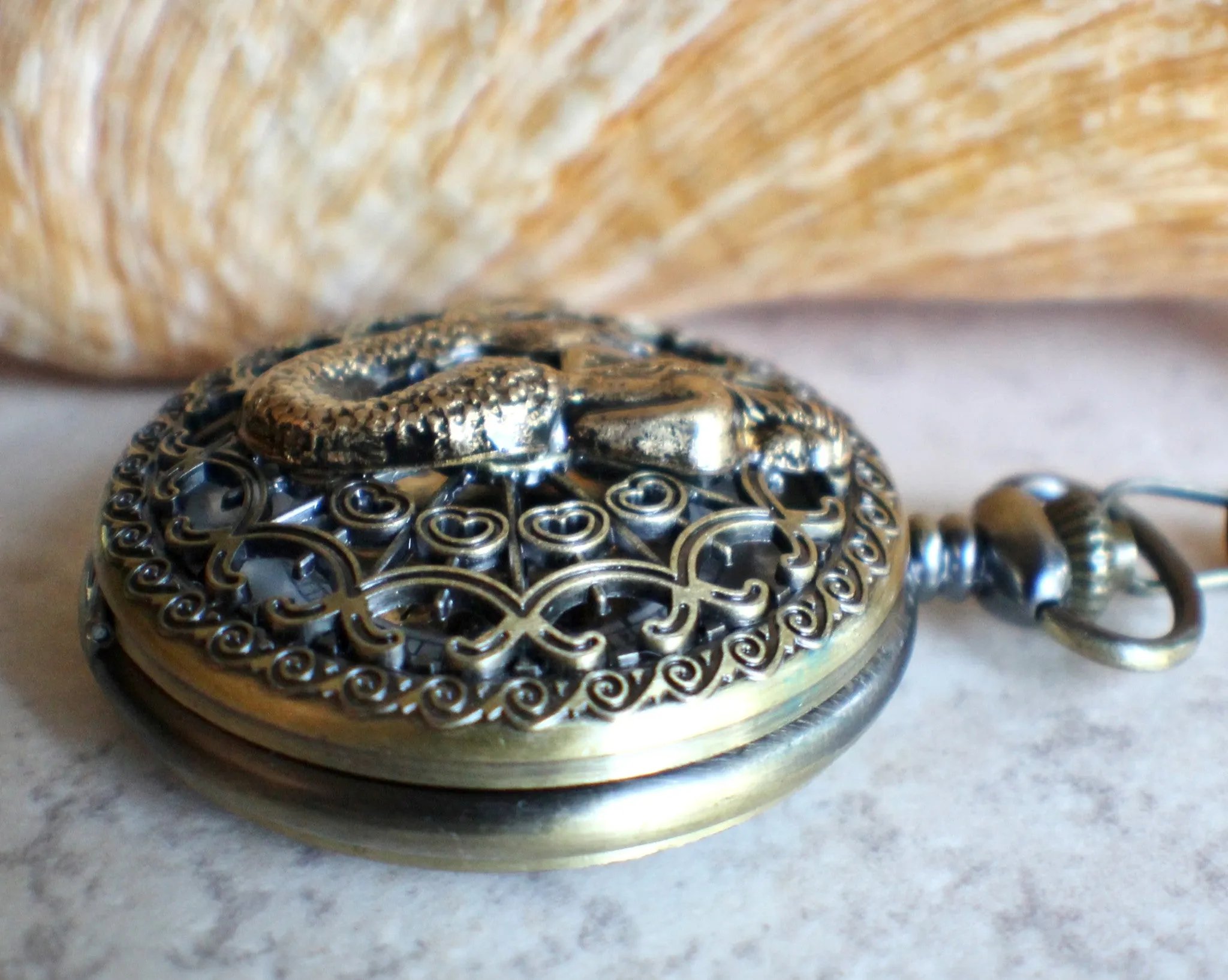 Mermaid pocket watch, men's mechanical pocket watch with mermaid mounted on front cover.