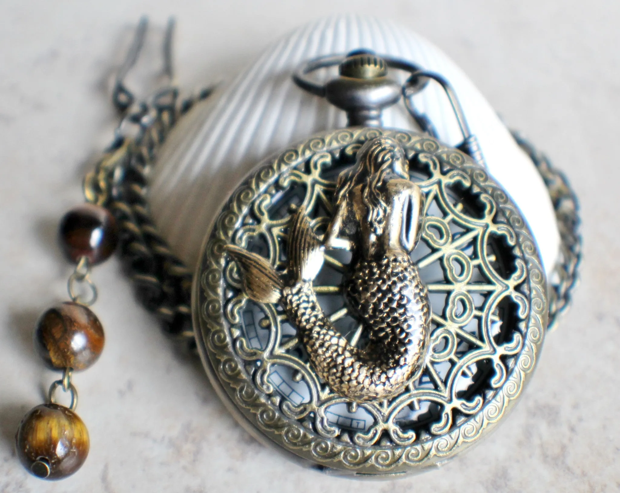 Mermaid pocket watch, mens pocket watch with mermaid mounted on front case