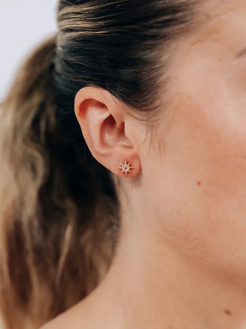 Micro Aztec Starburst Studs - Clear Topaz & Gold