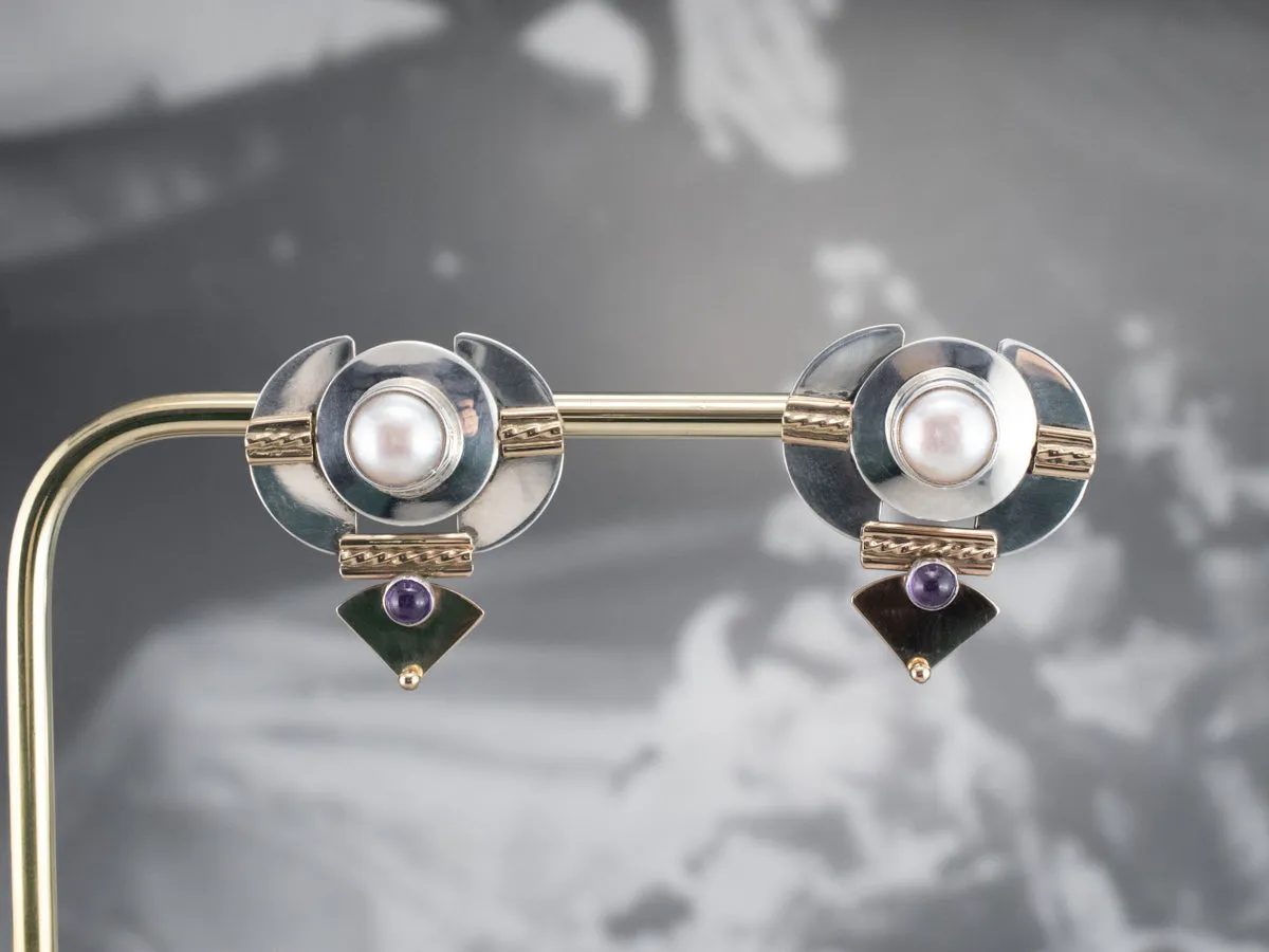 Mixed Metal Pearl and Amethyst Drop Earrings