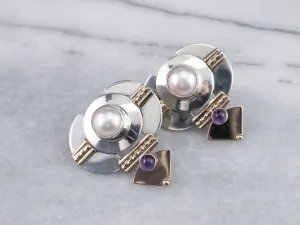 Mixed Metal Pearl and Amethyst Drop Earrings