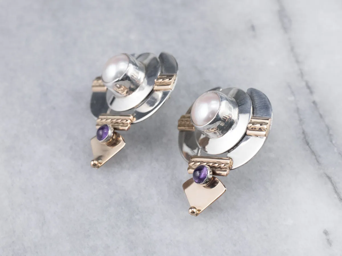 Mixed Metal Pearl and Amethyst Drop Earrings