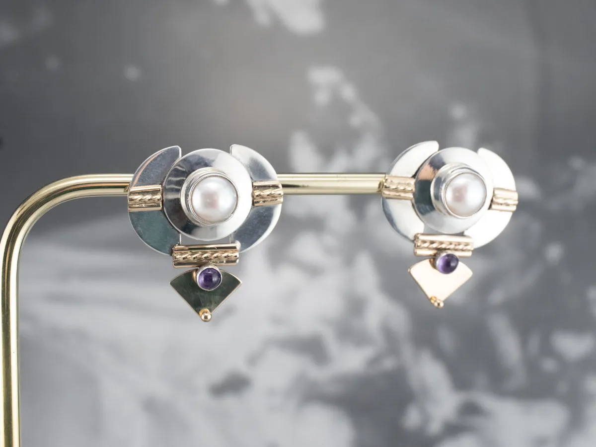 Mixed Metal Pearl and Amethyst Drop Earrings