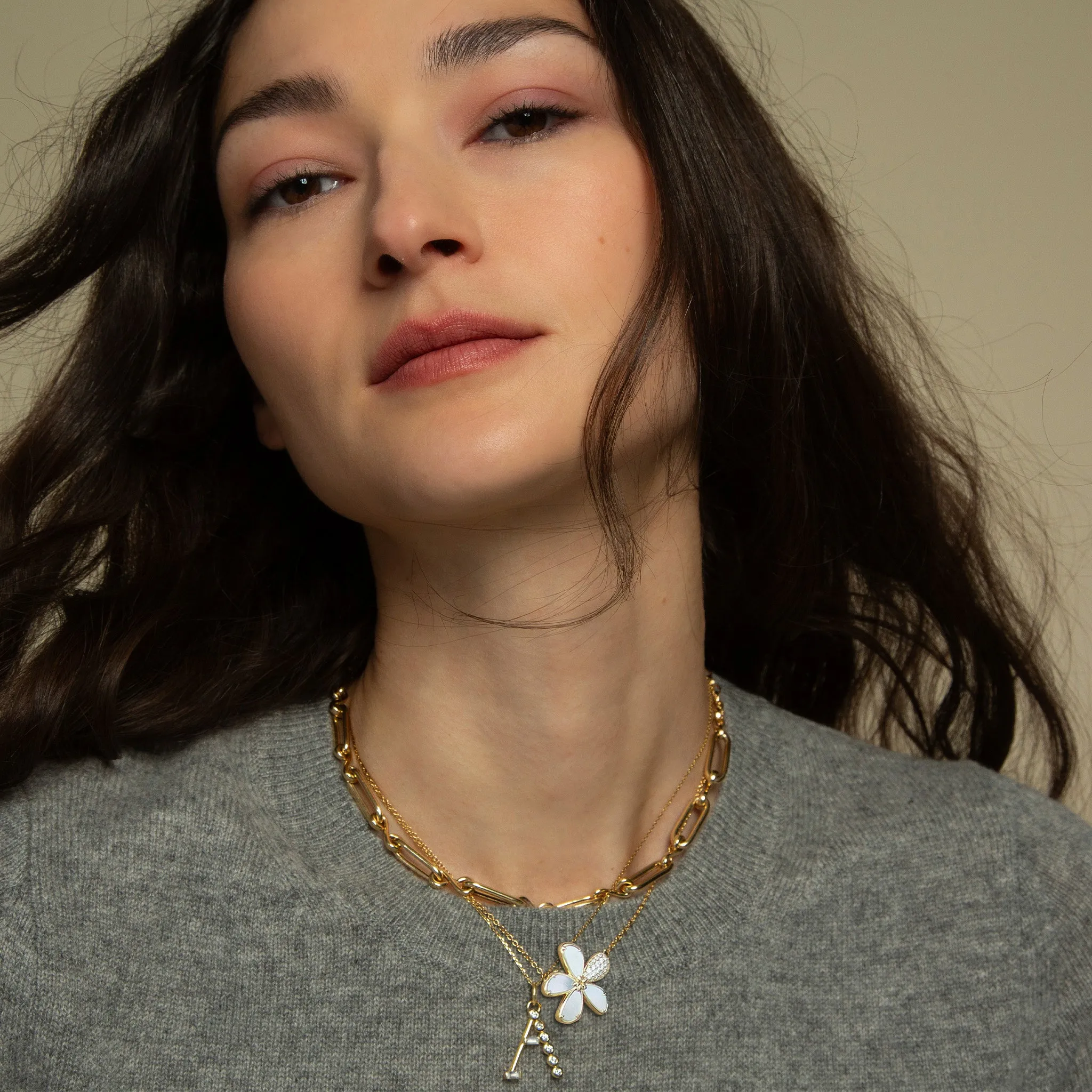Mother of Pearl Flower Necklace with Pav?? White Diamonds