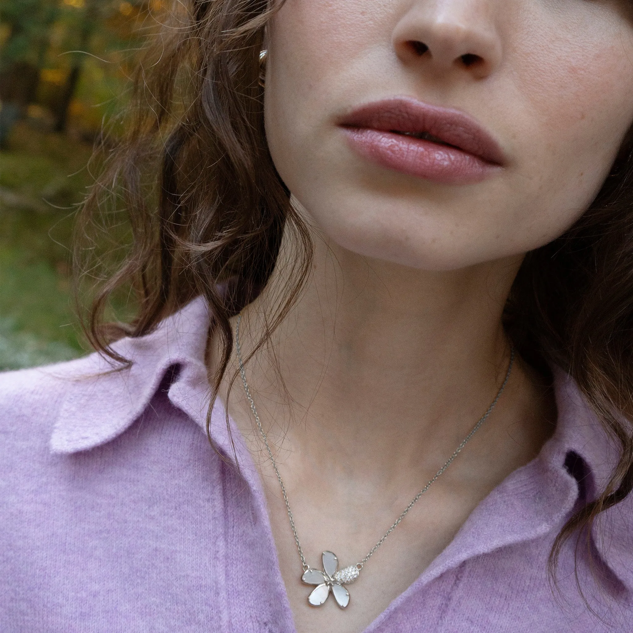 Mother of Pearl Flower Necklace with Pav?? White Sapphires