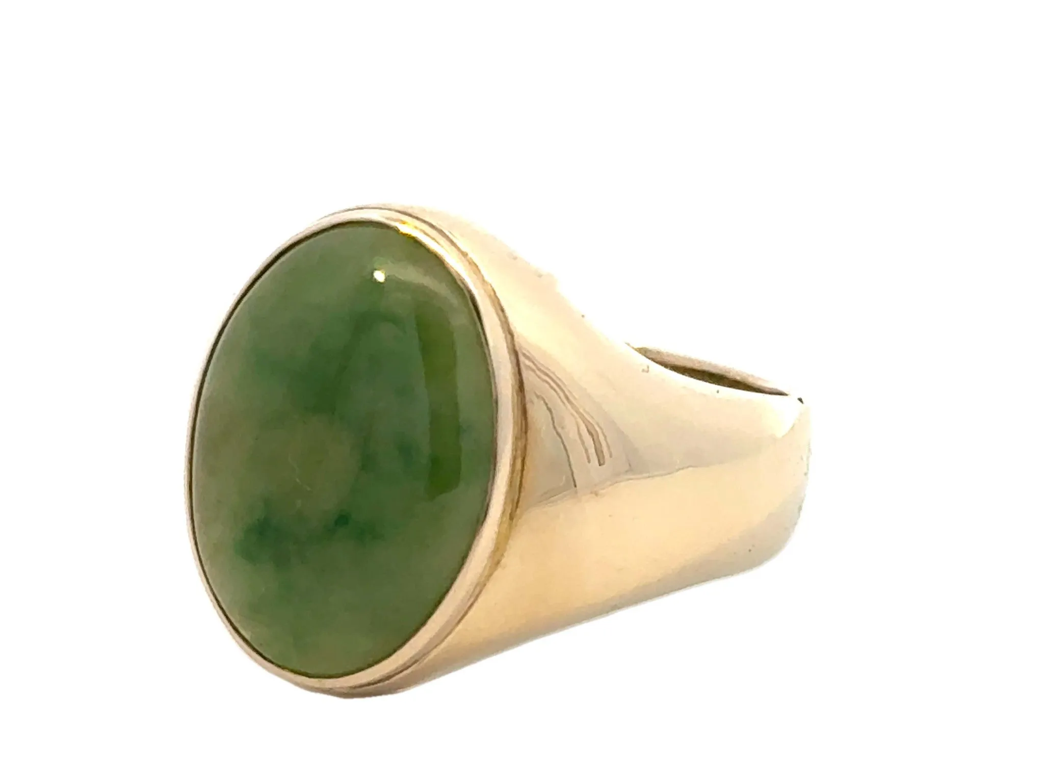 Oval Mottled Green Jade Ring 14K Yellow Gold